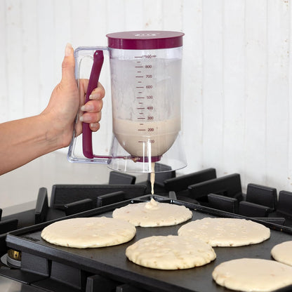 Pancake Batter Dispenser - Kitchen Must Have Tool for Perfect Pancakes, Cupcake, Waffle, Muffin Mix, Cake & Crepe - Easy Pour Baking Supply for Griddle - Pancake Maker with Measuring Label (Turquoise)