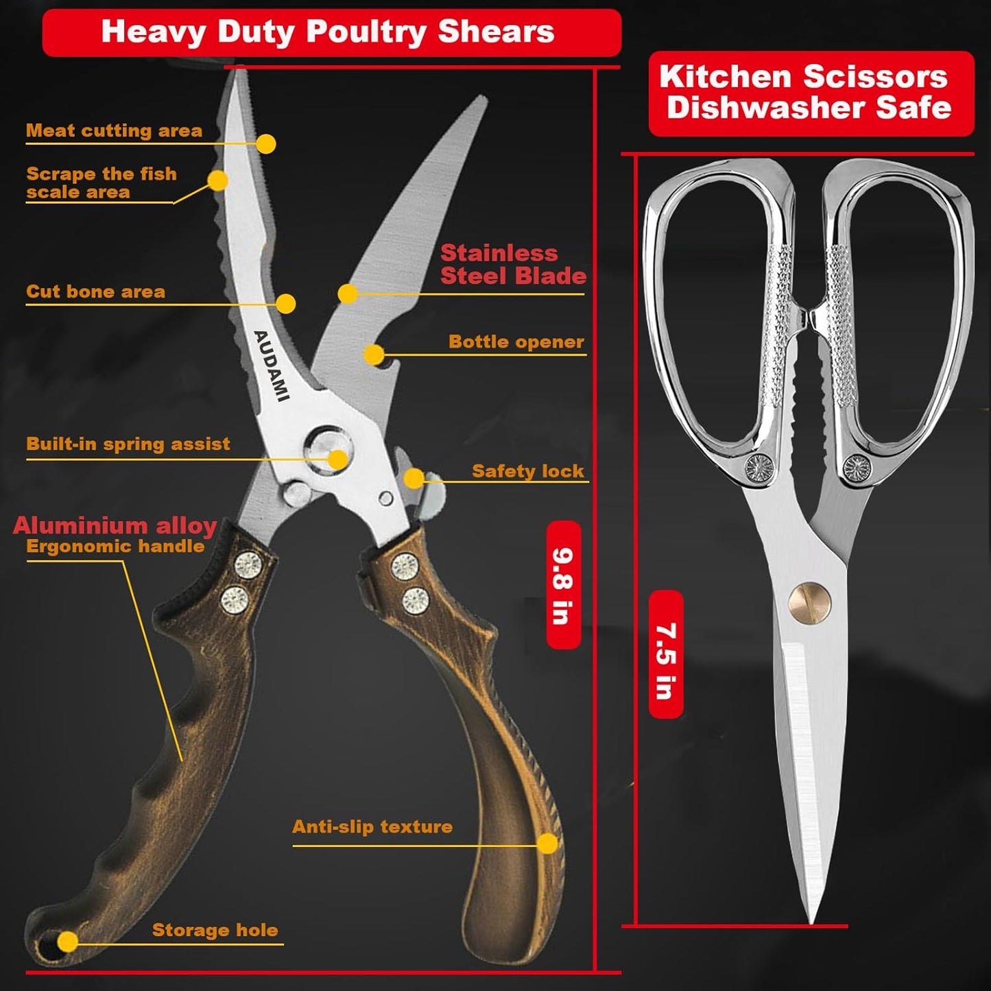 Premium Kitchen Shears 2-Pack Heavy Duty Poultry & Meat Scissors, Bone Shears for Cooking