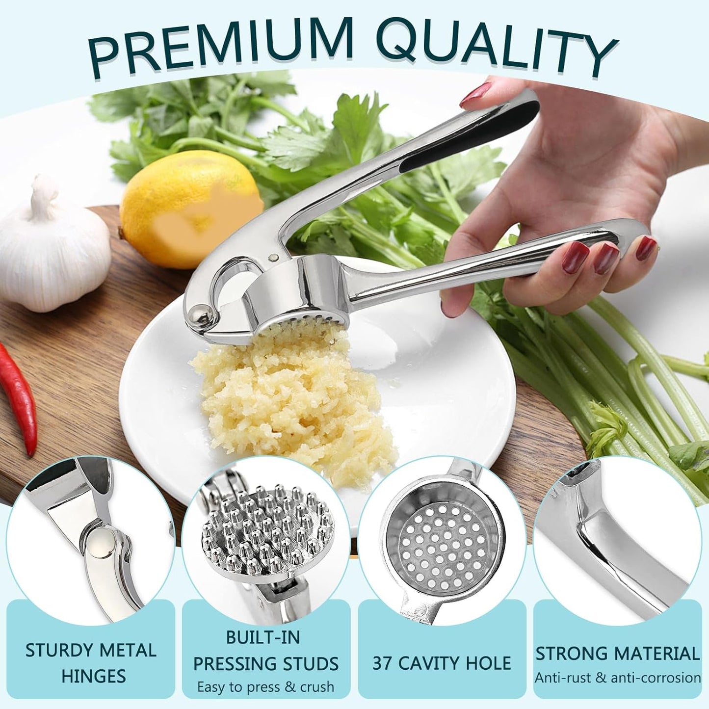 Garlic Press Set - Stainless Steel Press, Easy-Peel Silicone Tool & Brush, Ergonomic Handle for Effortless Mincing, Rust-Proof & Dishwasher Safe for Kitchen Use