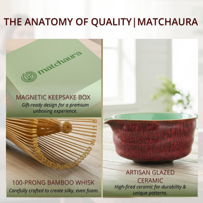 Premium Matcha Whisk Set – 5 Piece Japanese Tea Ceremony Kit | Spouted Ceramic Bowl, Bamboo Whisk, Holder, Scoop, Sifter – Essentials for Smooth Matcha Preparation - Magnetic Gift Box