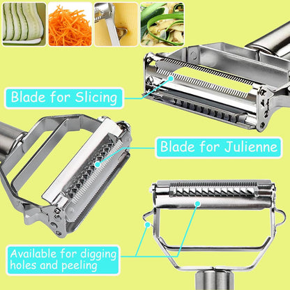Vegetable Peeler Julienne Slicer 3 in 1 Kitchen Peeler Zucchini Salad Maker Ultra Sharp Potato Peelers Stainless Steel No-Rust Carrot Cutter Anti-Slip Handle Cucumber Slicer + Cleaning Brush