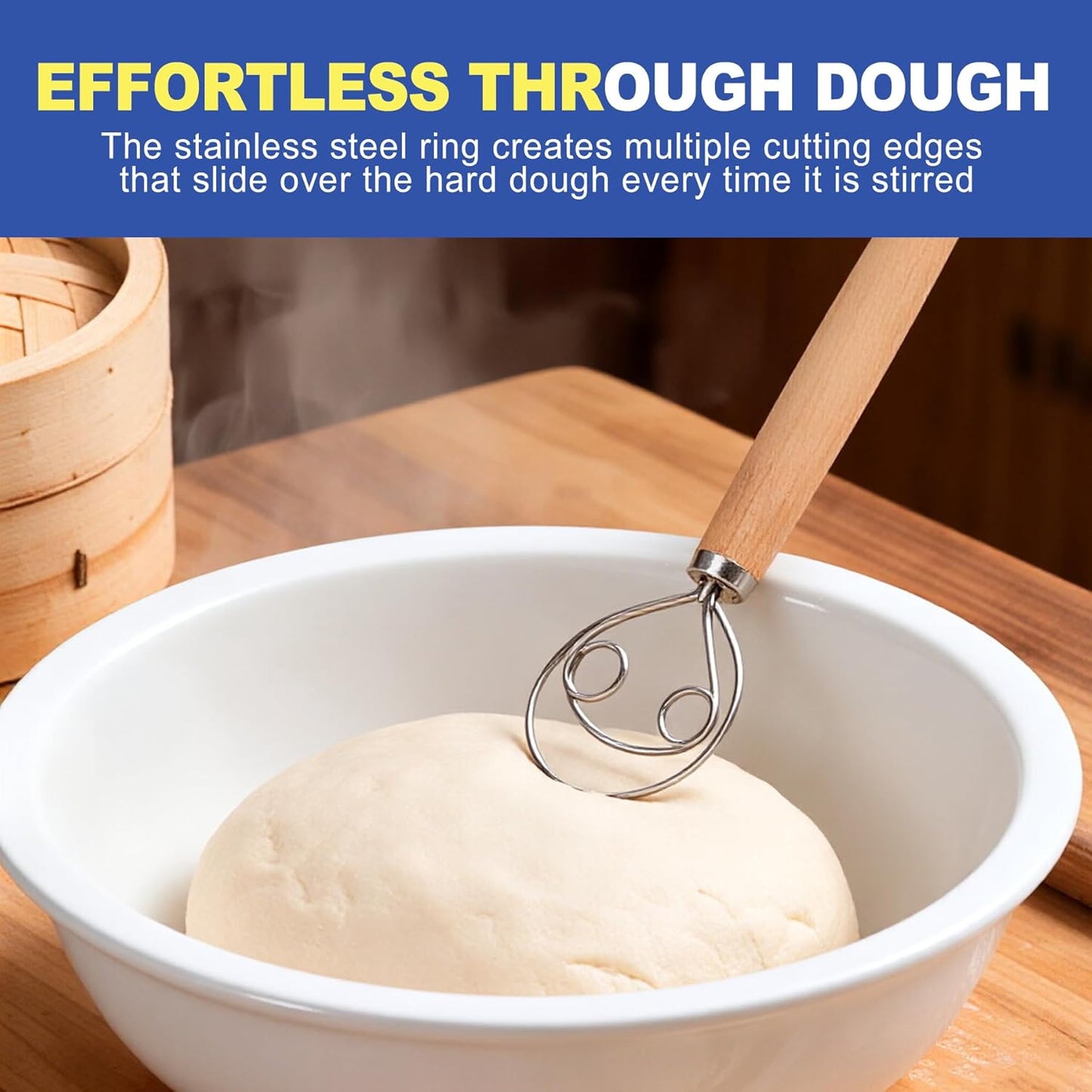 Danish Dough Whisk for Sourdough Bread, Heavy Duty Stainless Steel Bread Mixer, Wooden Handle Dutch Dough Blender Hook for Artisan Baking