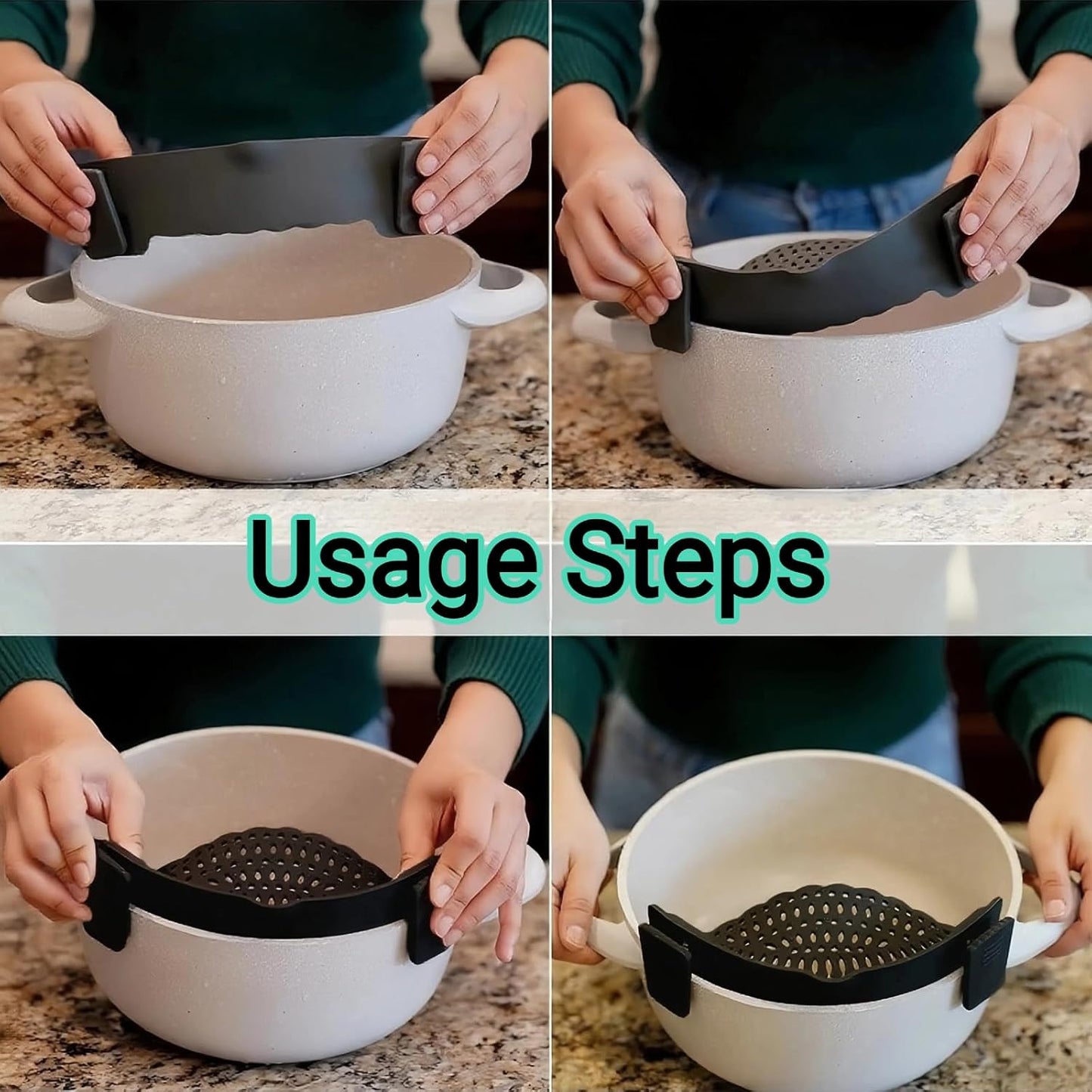 2 PACK Silicone Clip-on Strainer - Fits Pots, Pans & Pasta, Hands-Free Food Strainer for Ground Beef, Spaghetti, Pasta, Compatible with All Bowls and Pots