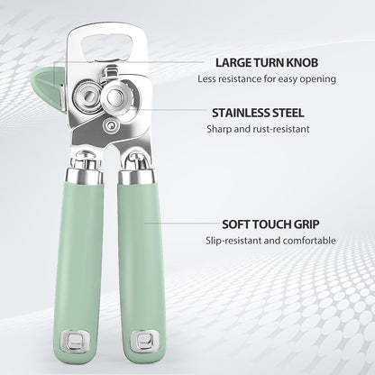 Safring Can Opener Manual, Heavy Duty Stainless Steel Smooth Edge Can Openers With Soft Touch Handle, Oversized Handheld Easy Turn Knob, Multi-Function Bottle Opener, Black