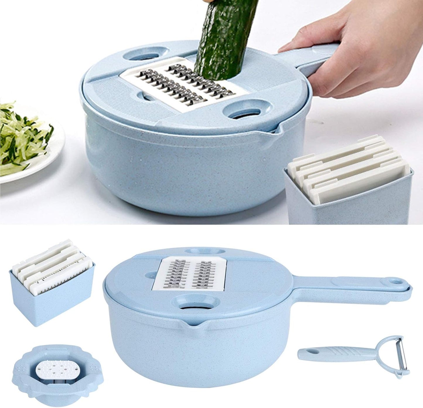 Food and Chopper Manual Vegetable Cutter with 4 Blades for Potatoes Carrots Cucumbers and More Safe Hand Guard Included Kitchen Utensil for Efficient Slicing and Dicing