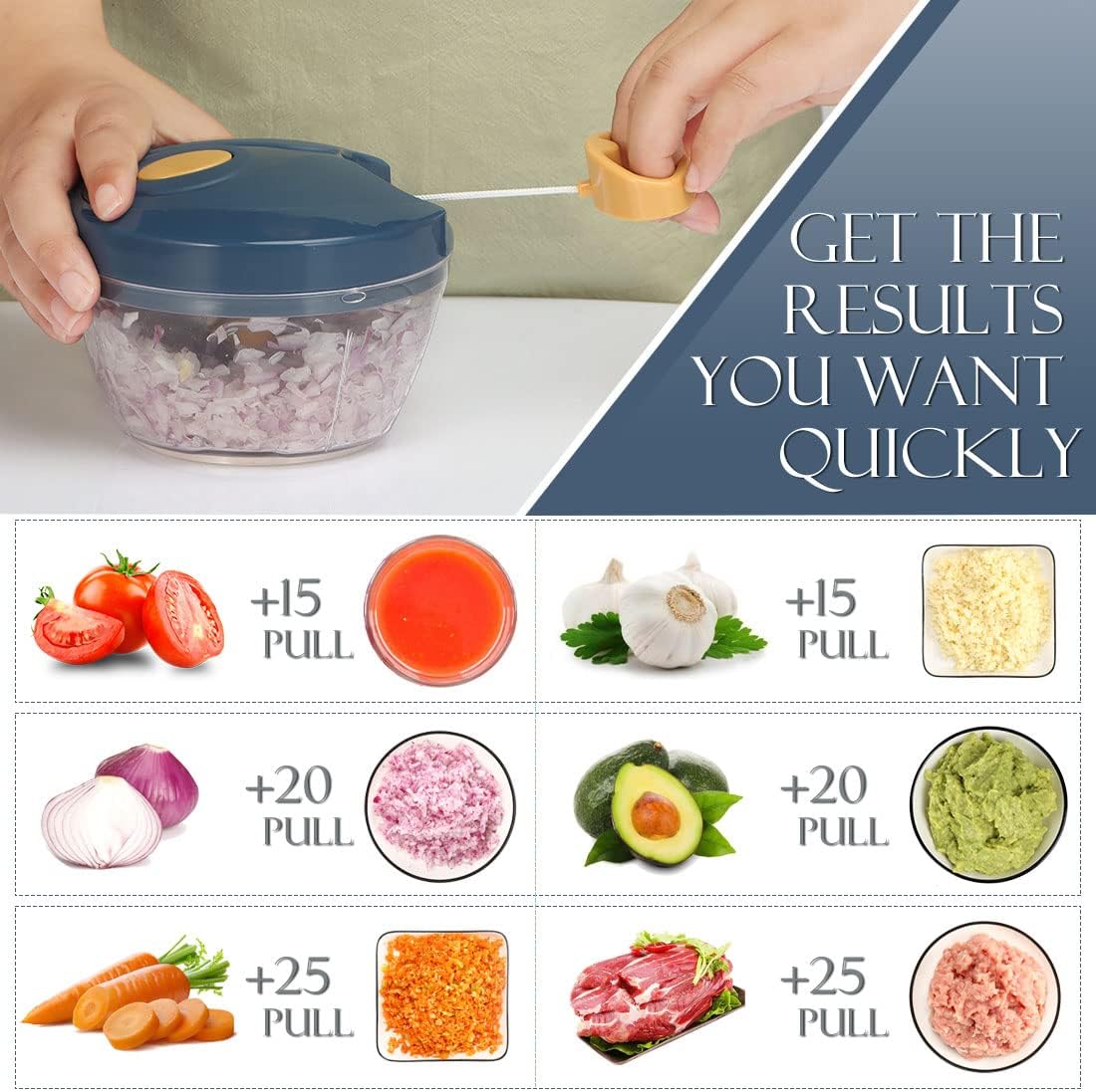 Ourokhome Manual Food Processor Vegetable Chopper, Portable Hand Pull String Garlic Mincer Onion Cutter for Veggies, Ginger, Fruits, Nuts, Herbs, etc., 500ml, Deep Blue