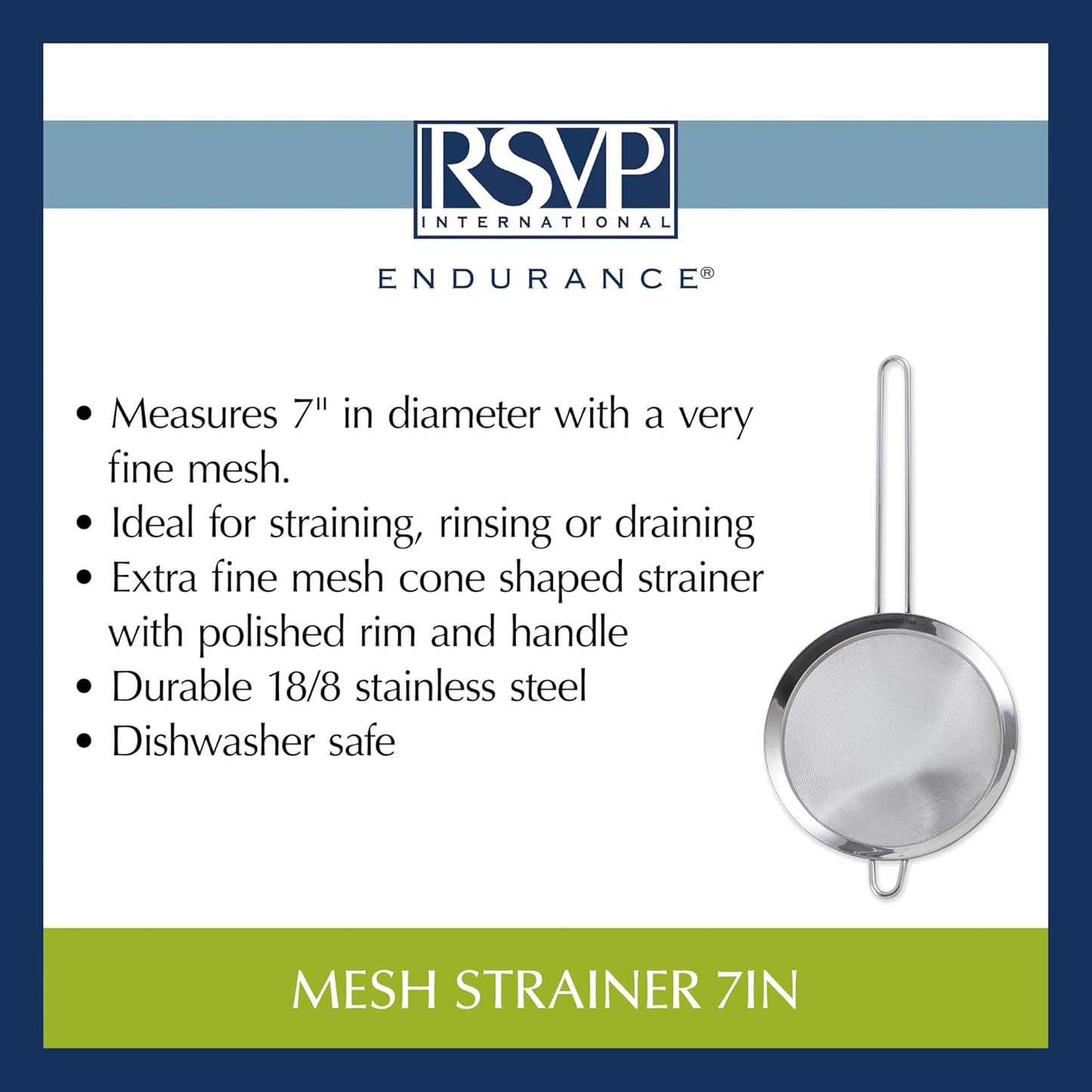 RSVP International Endurance Kitchen Collection, Stainless Steel Fine Mesh Conical Sieve/Colander, Multi-Purpose for Cooking, Baking, Loose Leaf Tea, Bar Strainer Cocktails, 7-Inch
