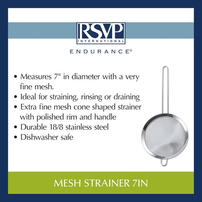 RSVP International Endurance Kitchen Collection, Stainless Steel Fine Mesh Conical Sieve/Colander, Multi-Purpose for Cooking, Baking, Loose Leaf Tea, Bar Strainer Cocktails, 7-Inch