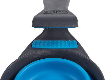 Dexas Popware for Pets Collapsible Klip Scoop, 3 in 1 Design Convenient Measuring Cup, Food Scooper and Bag Clip, 1Cup Capacity Pet Food Scoop, Versatile Food Measuring Cups Portion Control Gray/Blue