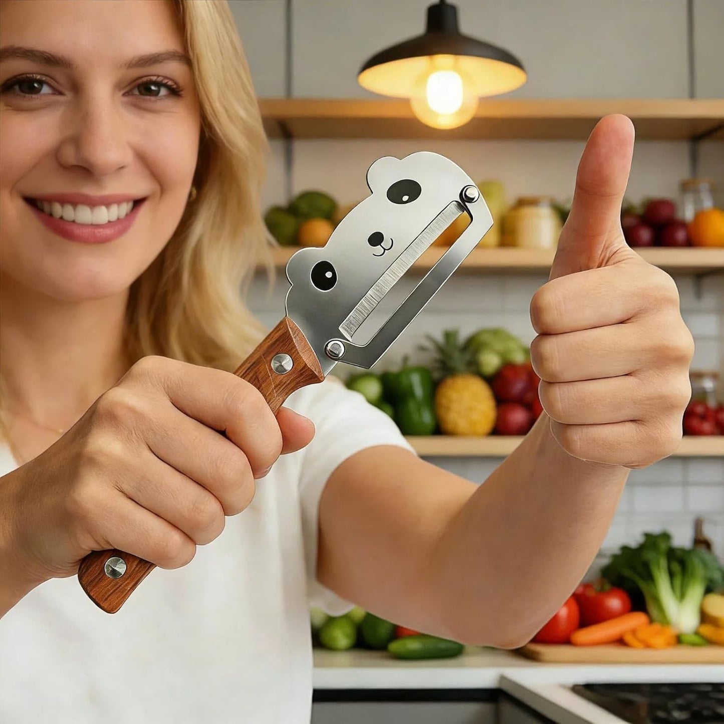 Maxjoy Multifunctional Vegetable Peeler, Zero Flex & Zero Snag, Stainless Steel with Wooden Handle, 2 in 1 Peeler with Bottle Opener for Potato Apple Carrot Fruit