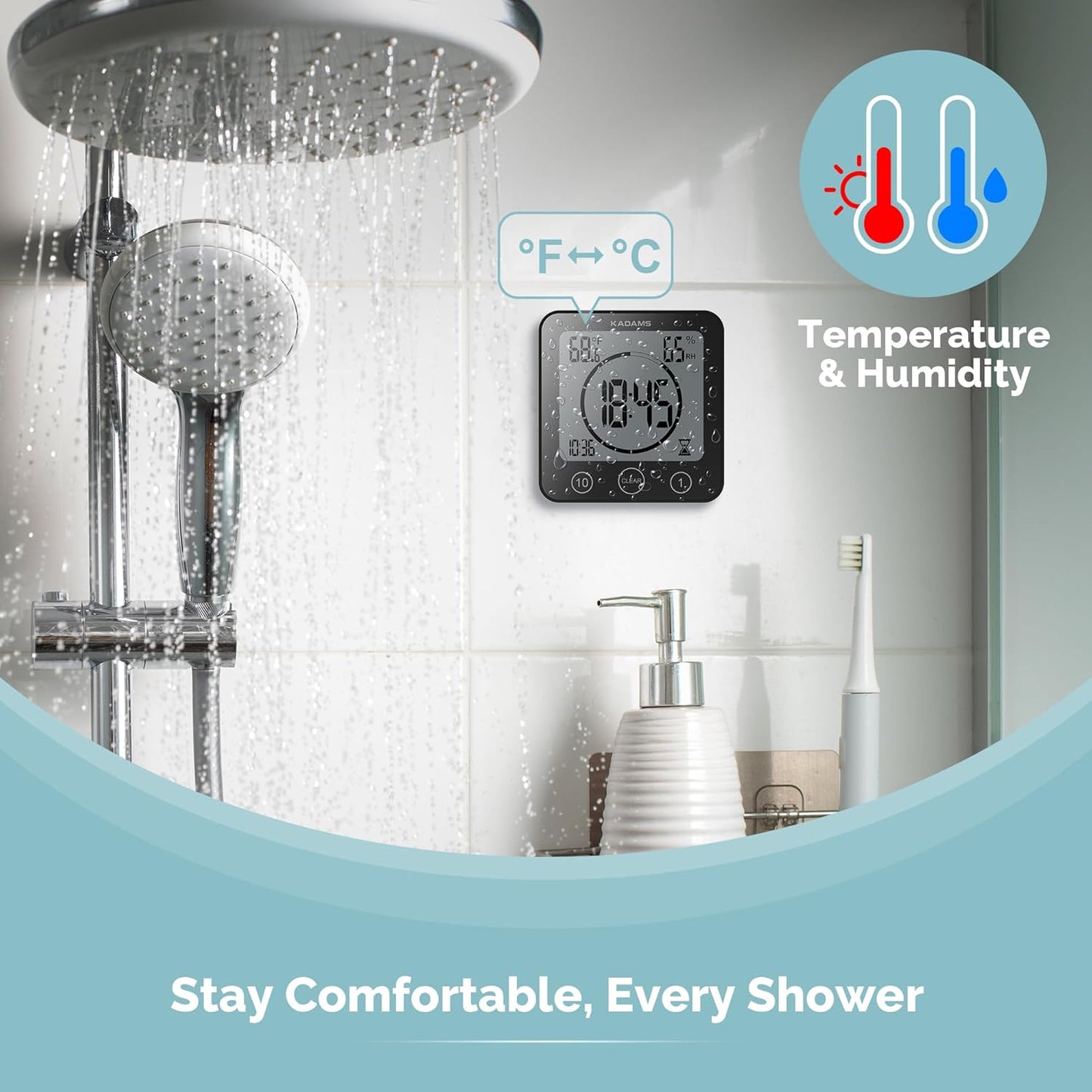 KADAMS Shower Clock Waterproof Bathroom Timer – Digital Wall Clock with Countdown, Magnetic Kitchen Clock with Temperature & Humidity, Suction Cup for Kids Shower Spa Cook Bath (Black)