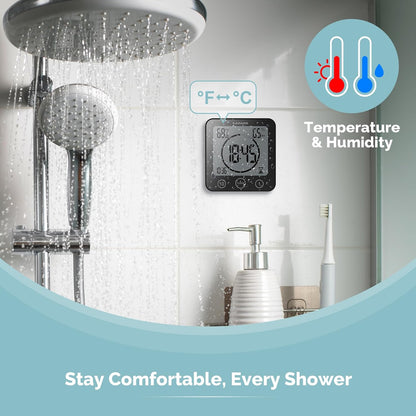 KADAMS Shower Clock Waterproof Bathroom Timer – Digital Wall Clock with Countdown, Magnetic Kitchen Clock with Temperature & Humidity, Suction Cup for Kids Shower Spa Cook Bath (Black)