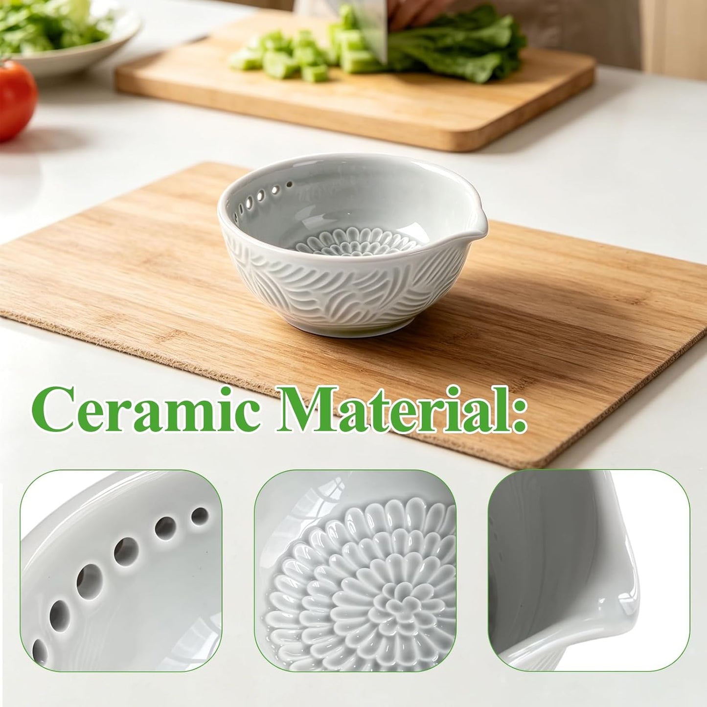 Joyzan Herb Stripper Garlic Grater, Ceramic 3 in 1 Handmade Ginger Bowl Herbs Leaf Peeling Stripping Plate 7 Hole Sizes Pottery Peeler Stripper Kitchen Tools Kale Chard Collard Thyme Basil Rosemary