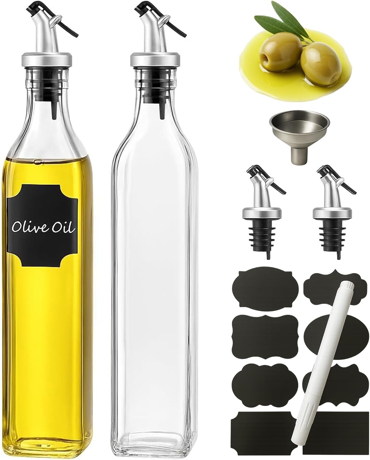 WERTIOO Olive Oil Dispenser Bottle,4Pack 17 OZ Glass Oil Dispenser for Kitchen with 4 Pourer,2 Stainless Steel Funnel & 1 Pen and 8 Label for Kitchen (500ml)