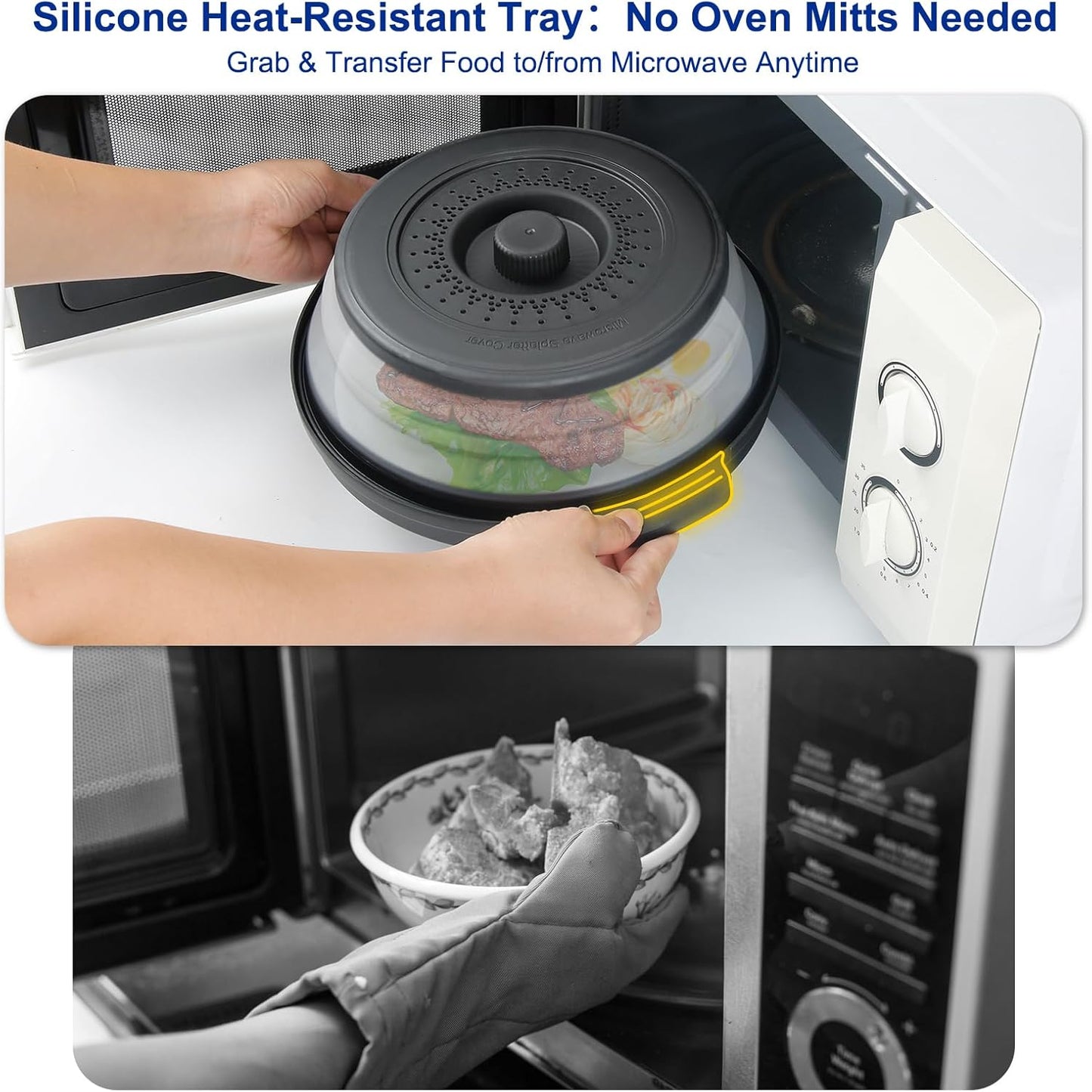 10.7 Inch Microwave Food Cover with Heat Insulation Mat, Anti-Scald Collapsible Microwave Splatter Cover, Multi-Functional as Colander & Fruit Plate, Dishwasher Safe, Ideal for Meal Prep (Gray)