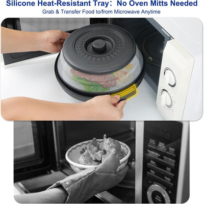 10.7 Inch Microwave Food Cover with Heat Insulation Mat, Anti-Scald Collapsible Microwave Splatter Cover, Multi-Functional as Colander & Fruit Plate, Dishwasher Safe, Ideal for Meal Prep (Gray)
