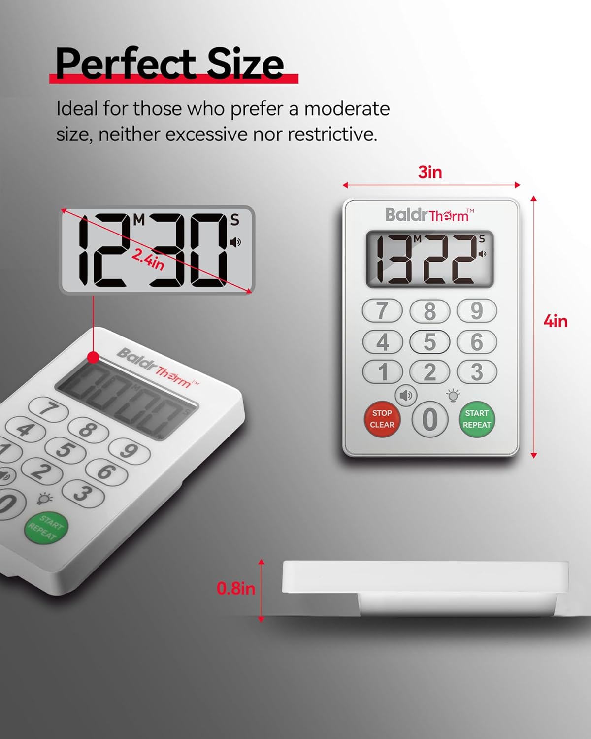 BaldrTherm Digital Kitchen Timer, Magnetic Waterproof Countdown Timer for Cooking, Shower, Workout, Classroom, Hair Color Processing, White.