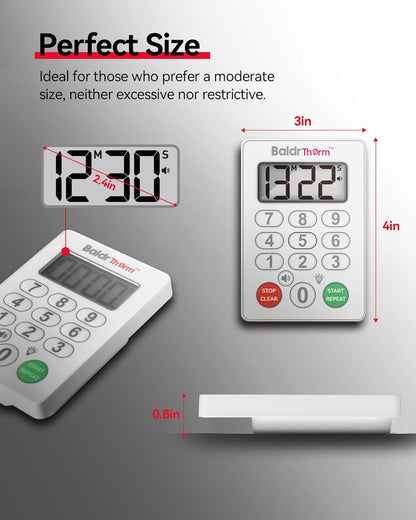 BaldrTherm Digital Kitchen Timer, Magnetic Waterproof Countdown Timer for Cooking, Shower, Workout, Classroom, Hair Color Processing, White.