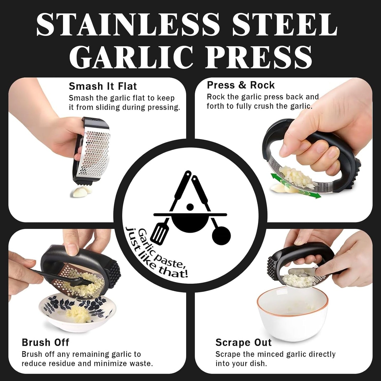 Garlic Press, Stainless Steel with Ergonomic Handle, Garlic Mincer, Easy Squeeze Rocker, Easy Clean, Scraper, Silicone Peeler, Brush (Black)