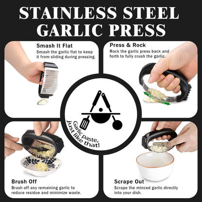 Garlic Press, Stainless Steel with Ergonomic Handle, Garlic Mincer, Easy Squeeze Rocker, Easy Clean, Scraper, Silicone Peeler, Brush (Black)