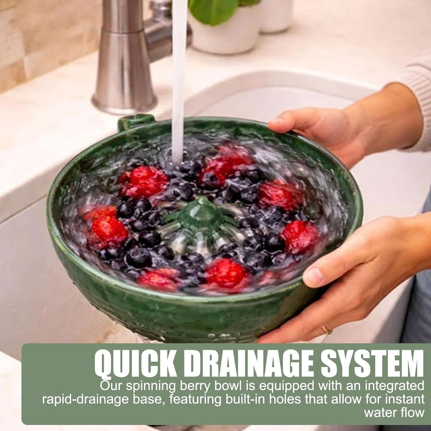 Pod Pottery Berry Washing Bowl Ceramic - Hydro Vortex Fruit Colander with Integrated Drain Spout - 360-Degree Automatic Rotating Rinser for Grapes & Vegetables - Elevated Center Cone (Green)
