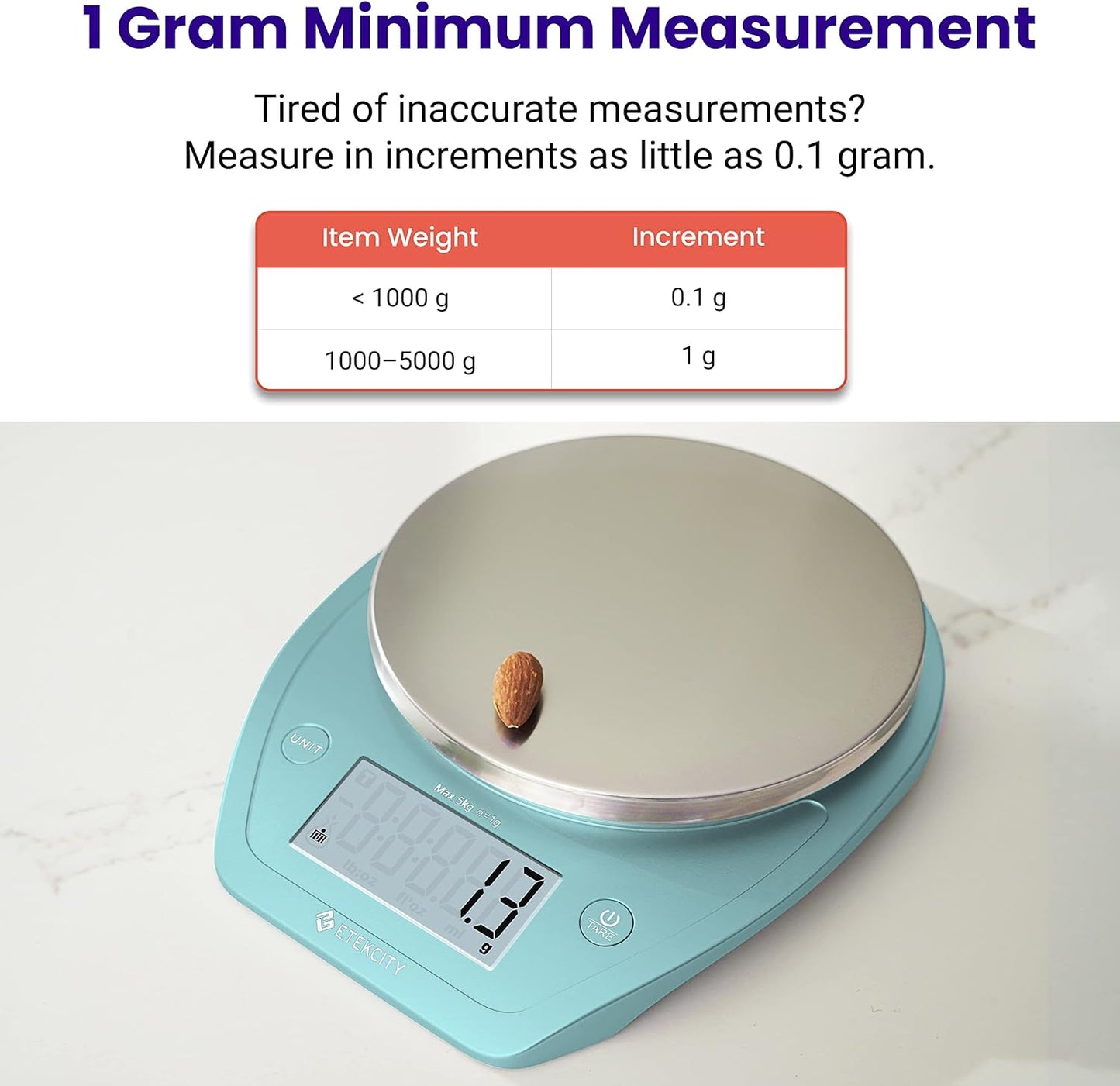 Etekcity 0.1g Food Kitchen Scale, Bowl, Digital Grams and Ounces for Weight Loss, Dieting, Baking, Cooking, and Meal Prep, 11lb/5kg, Stainless Steel Silver