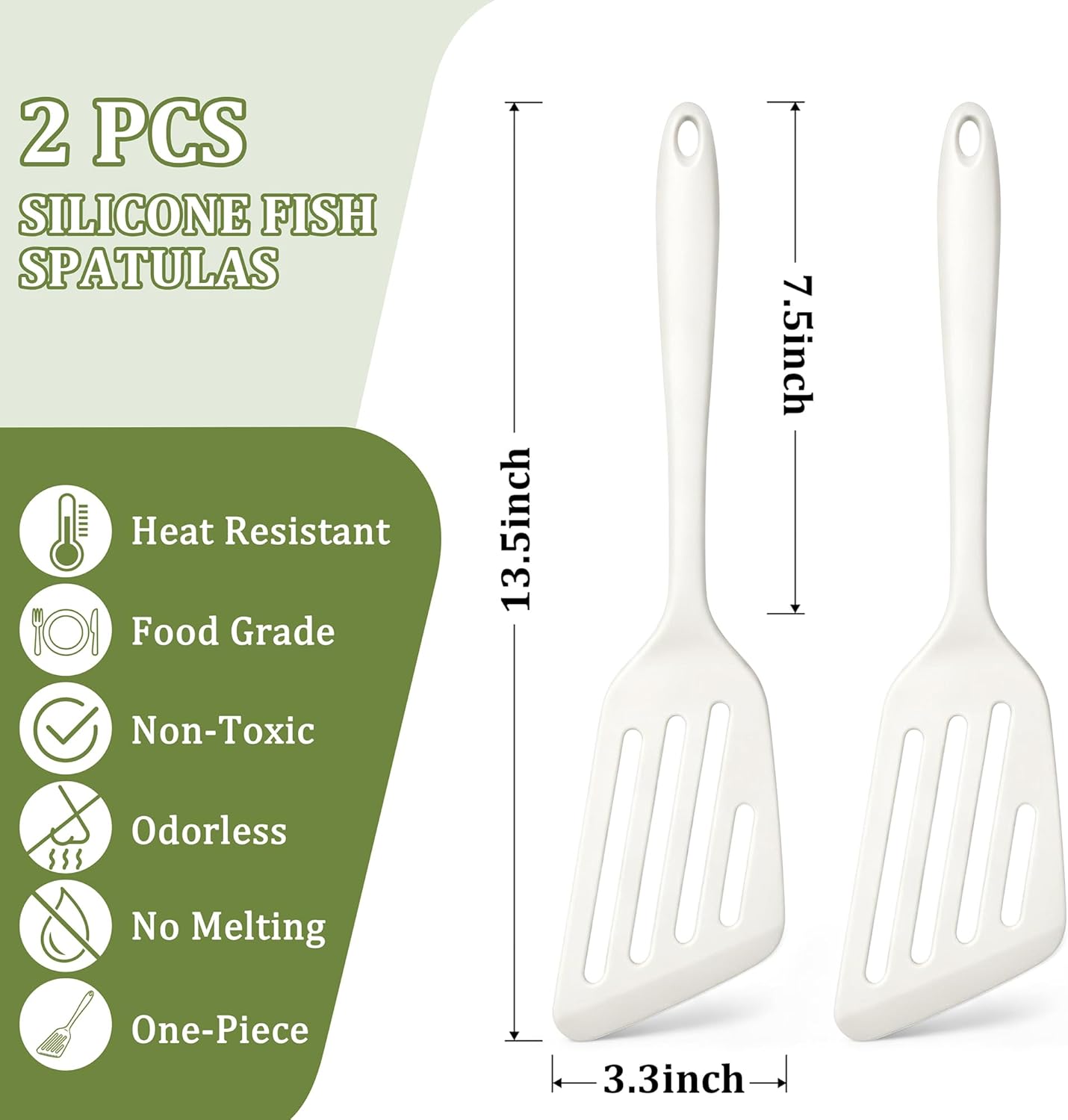 TeamFar Silicone Fish Spatula Set of 2, Heat Resistant Slotted Fish Turner for Non Stick Cookware, Flexible Cooking Spatula Flipper for Fish, Egg, Pancake, Steak, Burger, Dishwasher Safe, Black