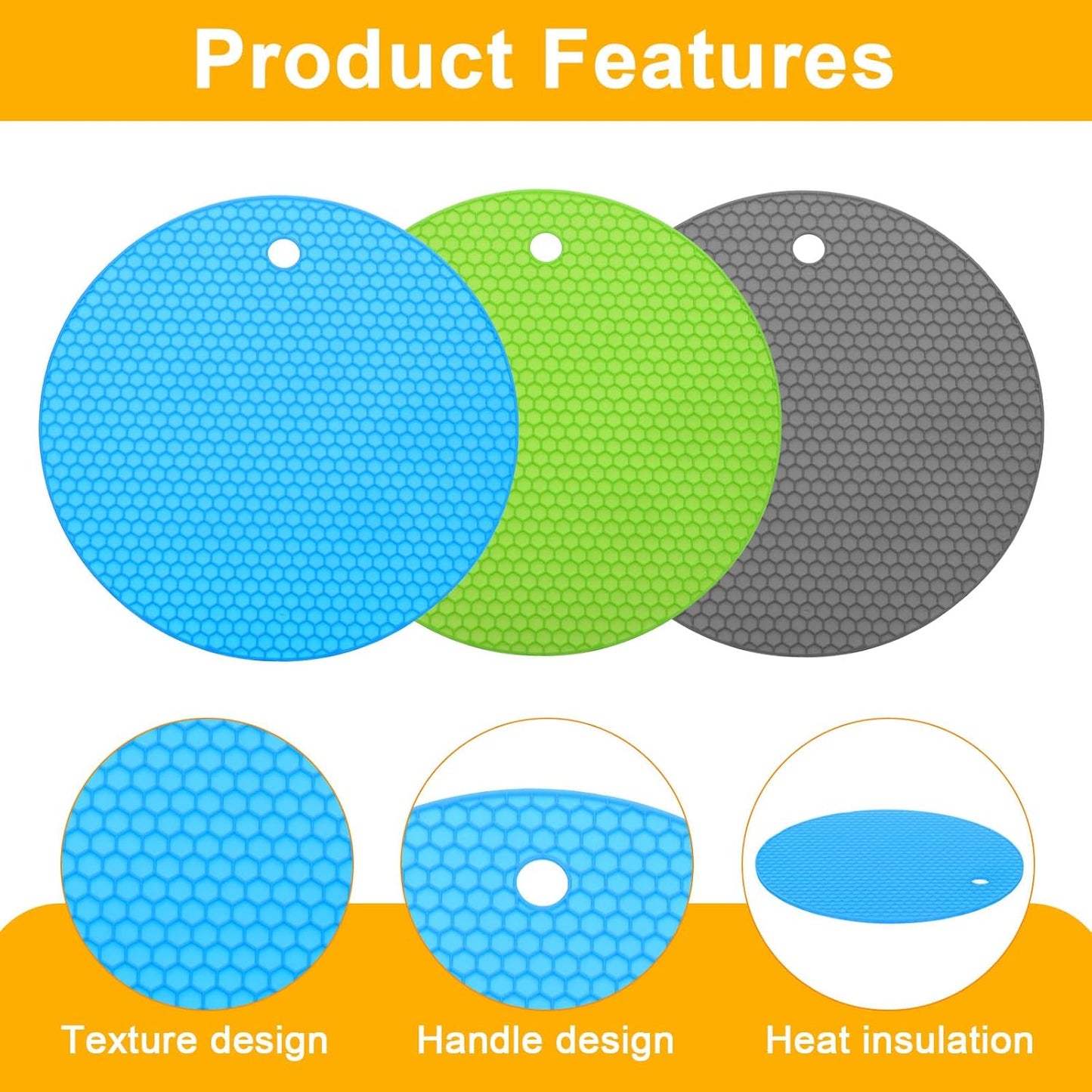 uxcell 3pcs Silicone Jar Opener Pads, 17.5cm/7" Texture Can Opener Multipurpose Round Bottle Lid Opener Non-Slip Coasters for Weak Hands Seniors Children, Orange, Blue, Gray