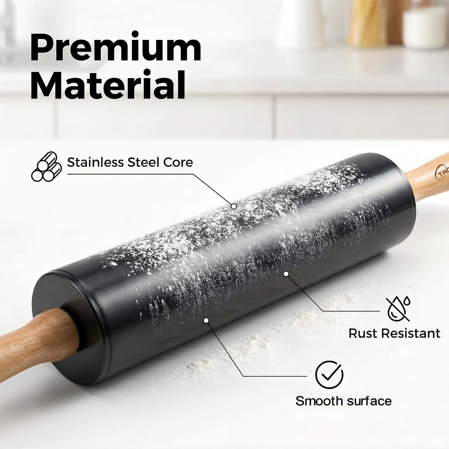 Stainless steel rolling pin by Tansucc, with wooden comfortable handle, non stick rolling pin for baking pastries, bread, and pizza.