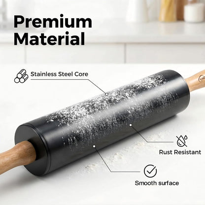 Stainless steel rolling pin by Tansucc, with wooden comfortable handle, non stick rolling pin for baking pastries, bread, and pizza.