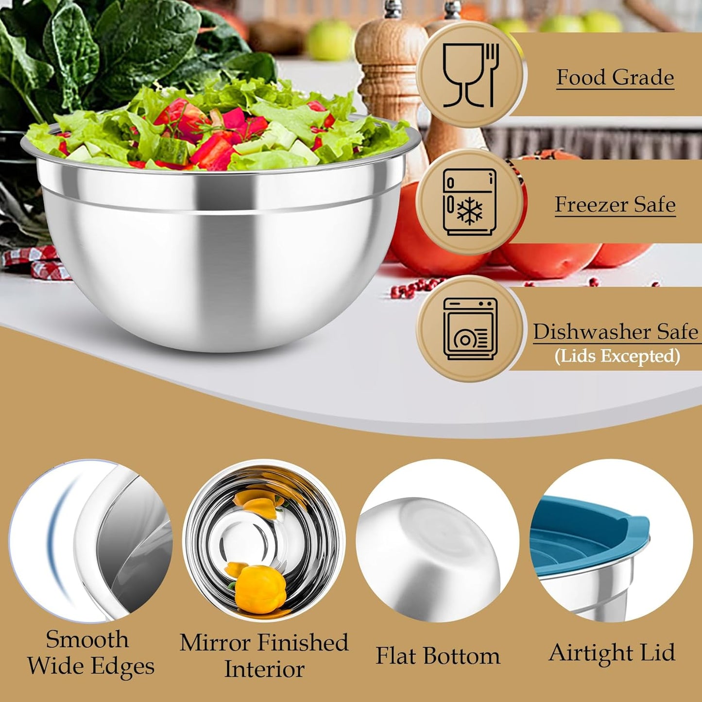 TeamFar Mixing Bowls, 6PCS Stainless Steel Nesting Mixing Salad Bowl with Lids & 3 Grater Attachments, for Food Cooking Baking Storing, Healthy, Khaki - 4.6/2.6/2 / 1.5/1 / 0.7 QT