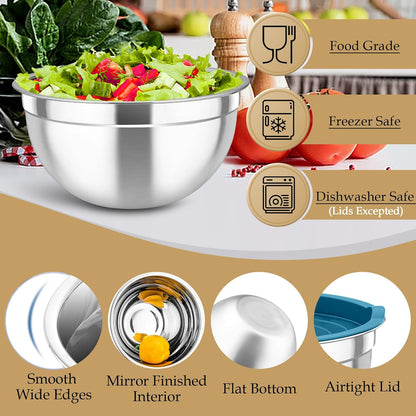 TeamFar Mixing Bowls, 6PCS Stainless Steel Nesting Mixing Salad Bowl with Lids & 3 Grater Attachments, for Food Cooking Baking Storing, Healthy, Khaki - 4.6/2.6/2 / 1.5/1 / 0.7 QT