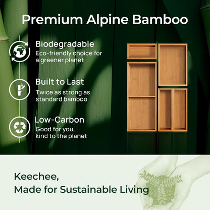 keechee Carbonized Bamboo Kitchen Drawer Organizer, 10 Slots Expandable Silverware Organizer, Utensil Holder & Cutlery Tray, 2.2" Deep for Extra Capacity, Non-Slip Feet Included