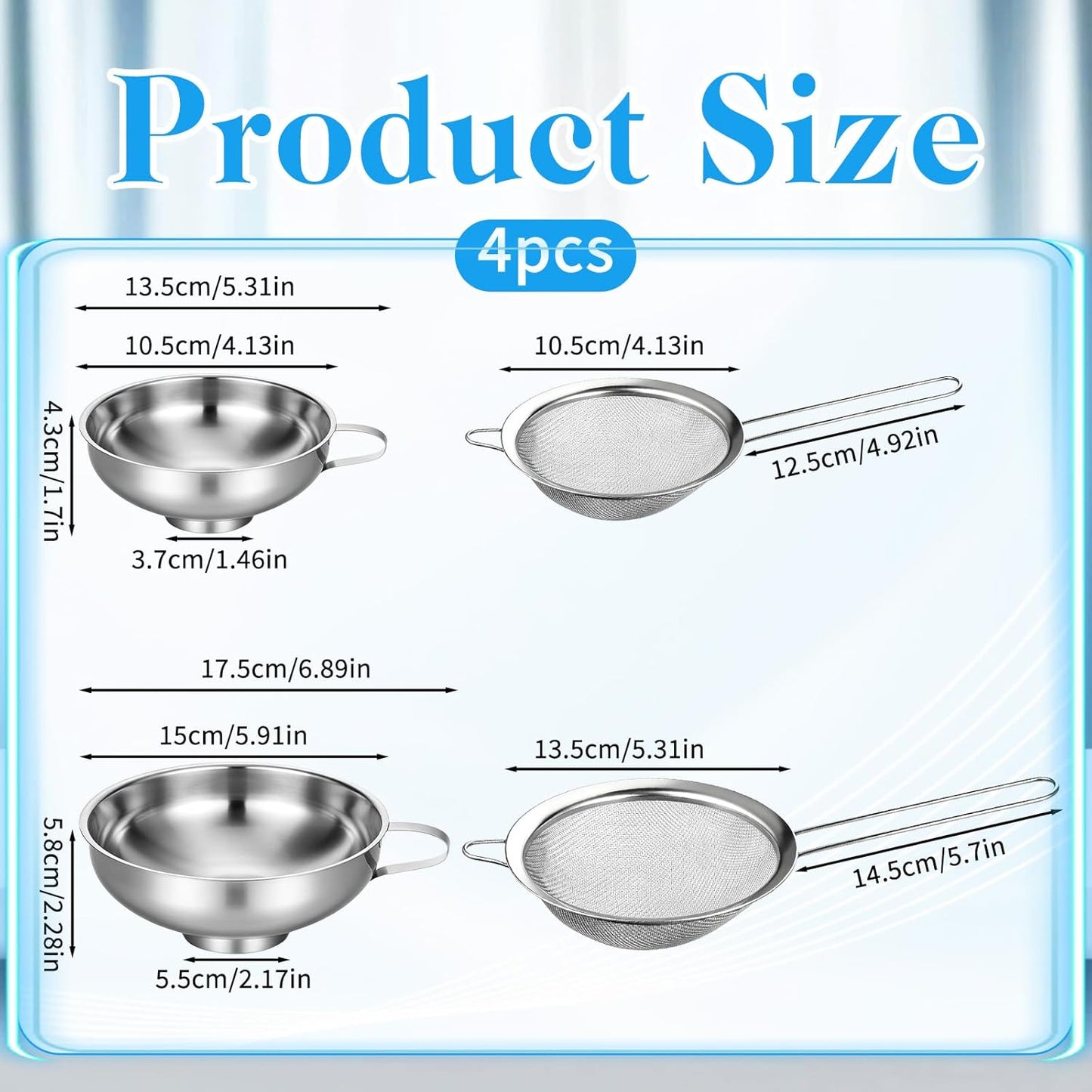 4 Pieces Stainless Steel Funnels with Fine Mesh Strainer, 2 Size Kitchen Canning Funnels Food Can Drainer Strainer with Handle
