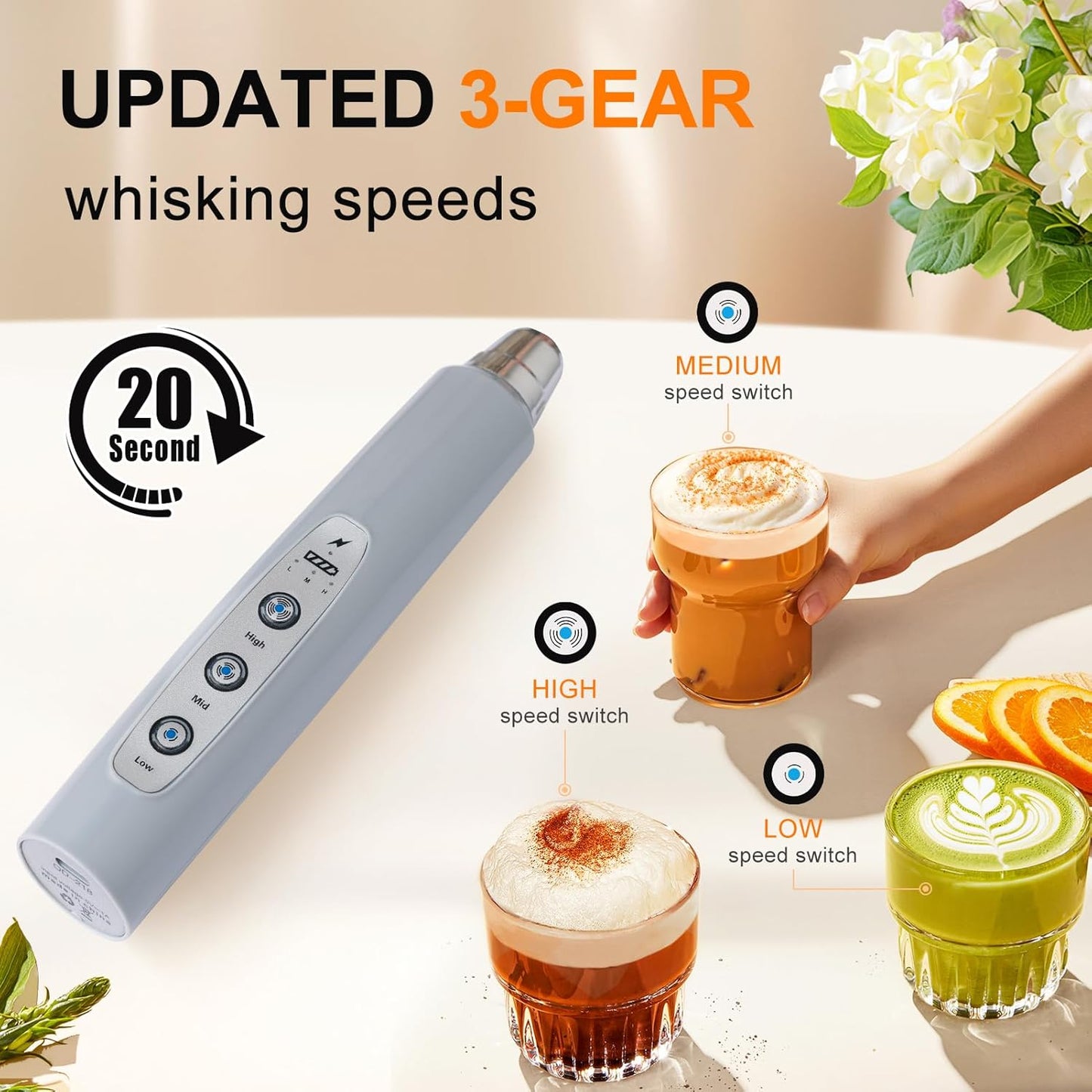 YUSWKO Black Handheld Milk Frother Wand for Coffee, Rechargeable Electric Whisk with 3 Heads 3 Speeds Drink Mixer Coffee Frother For Latte, Cappuccino, Hot Chocolate, Egg