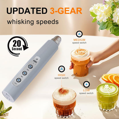 YUSWKO Black Handheld Milk Frother Wand for Coffee, Rechargeable Electric Whisk with 3 Heads 3 Speeds Drink Mixer Coffee Frother For Latte, Cappuccino, Hot Chocolate, Egg
