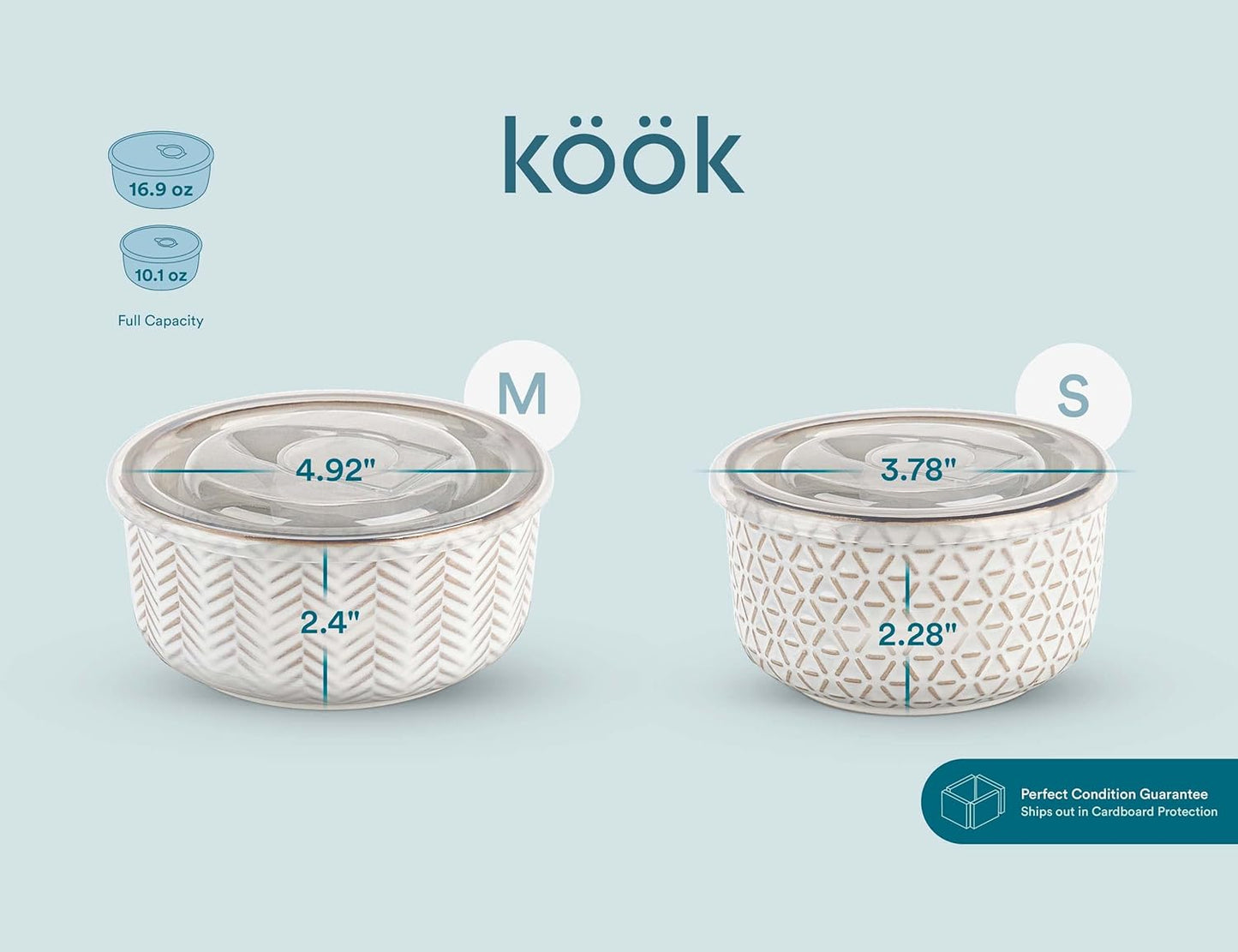 KooK Serving Bowls, with Lids, Ceramic Nesting Bowls, Set of 4, Embossed, Kitchen, Prep, Stackable, Gift, Microwave and Dishwasher Safe, 16/29/47/70 oz, Narbonne Collection (Ivory)