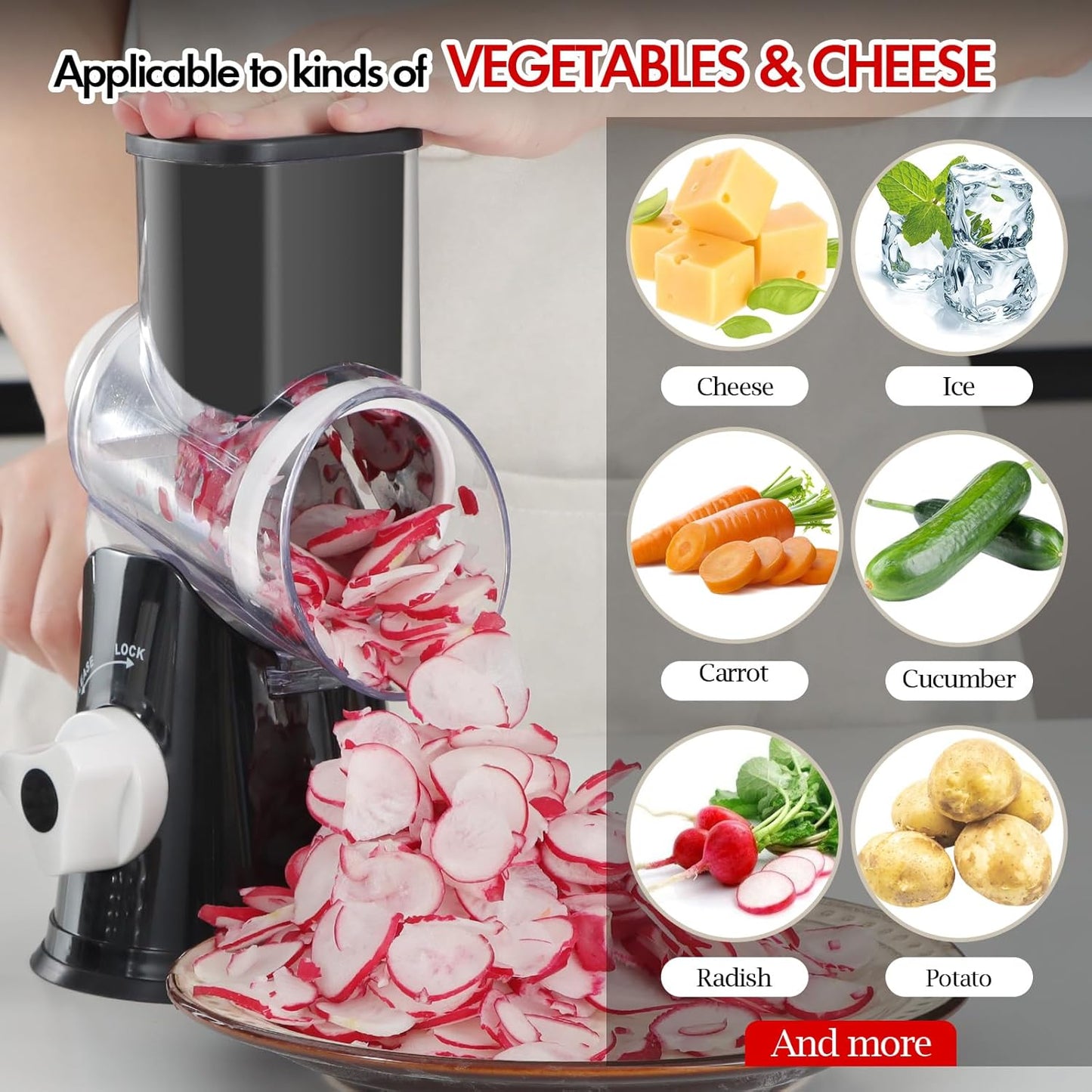 Ourokhome Rotary Cheese Grater Hand Crank, Kitchen Shredder Speed Mandolin Slicer Nut Grinder with Handle and Drum Blades for Cheese, Vegetable, Walnut, Chocolate, Potato, Carrot, 3 Blades, Dark Blue