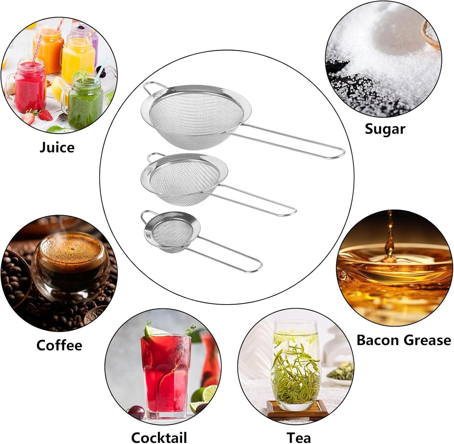 3 Pcs Fine Mesh Strainers with Handle, Stainless Steel Sifter Metal Strainer Set, Small Mini Sieve for Kitchen, Tea, Cocktail, Juice Coffee