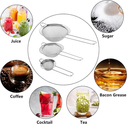 3 Pcs Fine Mesh Strainers with Handle, Stainless Steel Sifter Metal Strainer Set, Small Mini Sieve for Kitchen, Tea, Cocktail, Juice Coffee