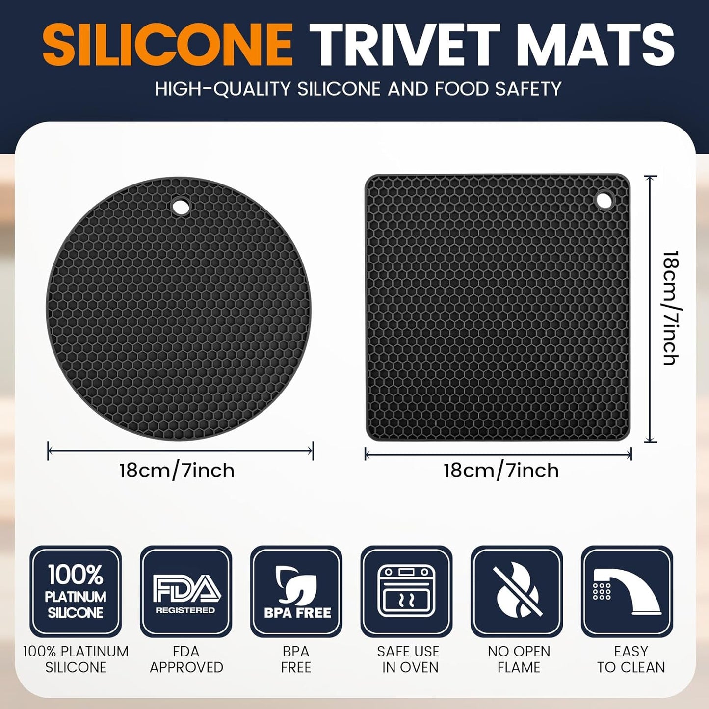 Silicone Trivet Mats 4 Heat Resistant Pot Holders Multipurpose Non-Slip Hot Pads for Kitchen Potholders, Drying mat, Jar Opener, Spoon Holder, Coaster.(Dark Grey)
