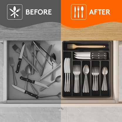 Lifewit Silverware Drawer Organizer Tray, Plastic Cutlery Storage for Kitchen, Flatware and Utensil Holder Divider for Spoons Forks Knives Tableware, 9.1 x 12.6", 5 Slots, Black
