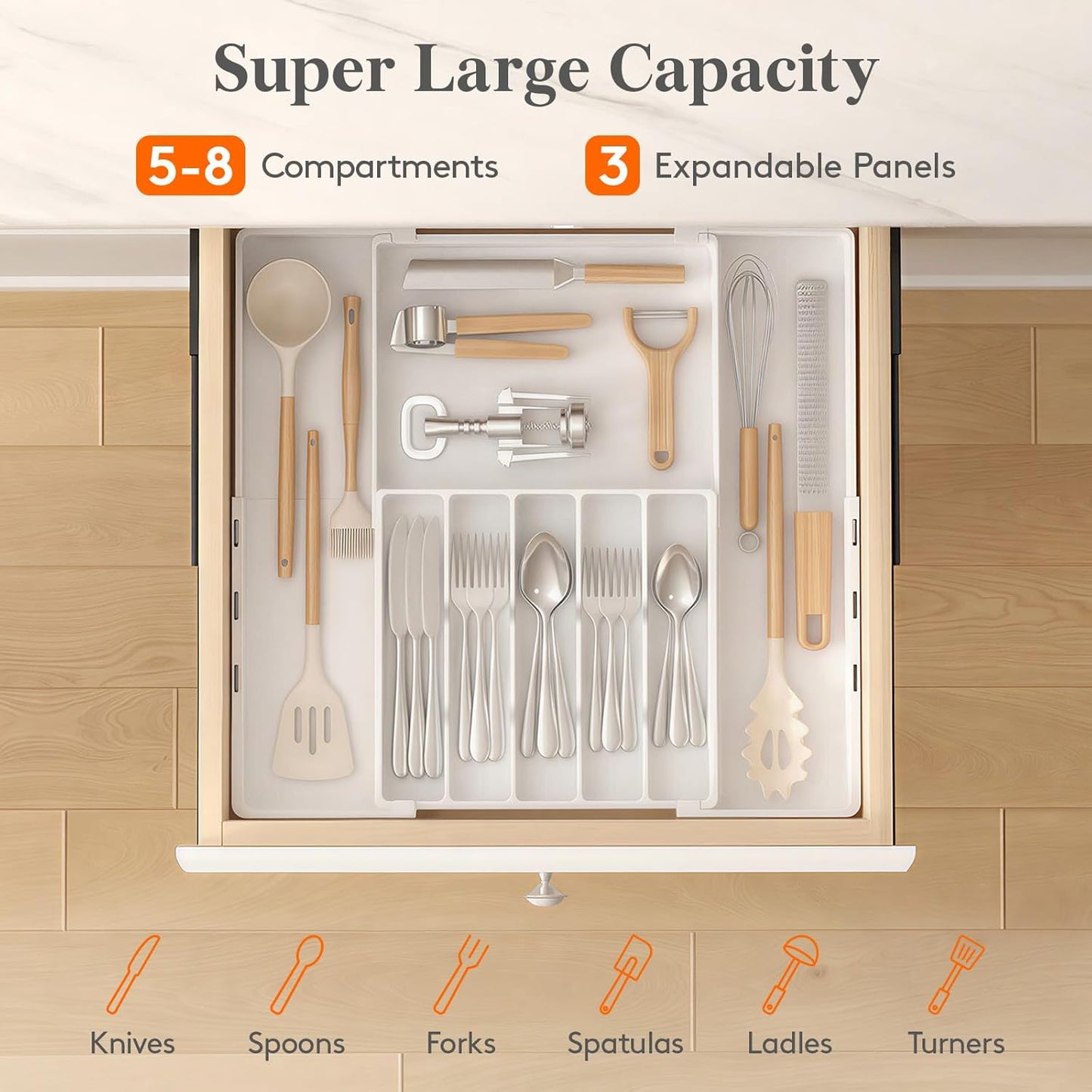 Lifewit Silverware Drawer Organizer, Expandable Utensil Tray for Kitchen, BPA Free Flatware and Cutlery Holder, Adjustable Plastic Storage for Spoons Forks Knives, 4-7 Slots, Black