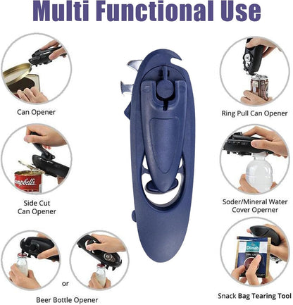 Can Opener 8-in-1 .Multi-functional manual Bottle Opener; hand-cranked Can Opener.Heavy Duty Can Opener Good Grips Anti-slip Hand Grip Stainless Steel and Easy to Use(Blue）