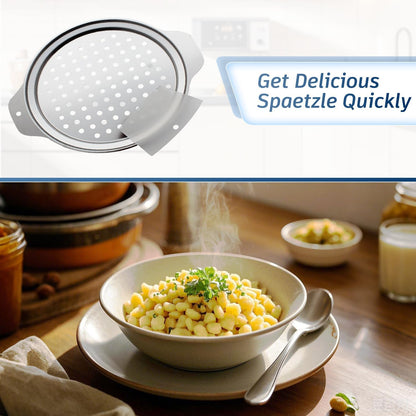 Premium Grade Stainless Steel Spaetzle Maker with Anti-slip Rubber Handle, Spider Strainer Skimmer, Silicone Scraper and Plastic Brush, Homemade German Egg Noodle Dumpling Making Tool Set