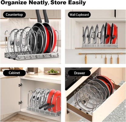 Housolution Pot and Pan Organizer Rack for Cabinet, Expandable Pot Lid Organizer Holder with 14 Adjustable Dividers, Fully Expanded Size 22.83" W x 7.09" D x 7.09" H, Black