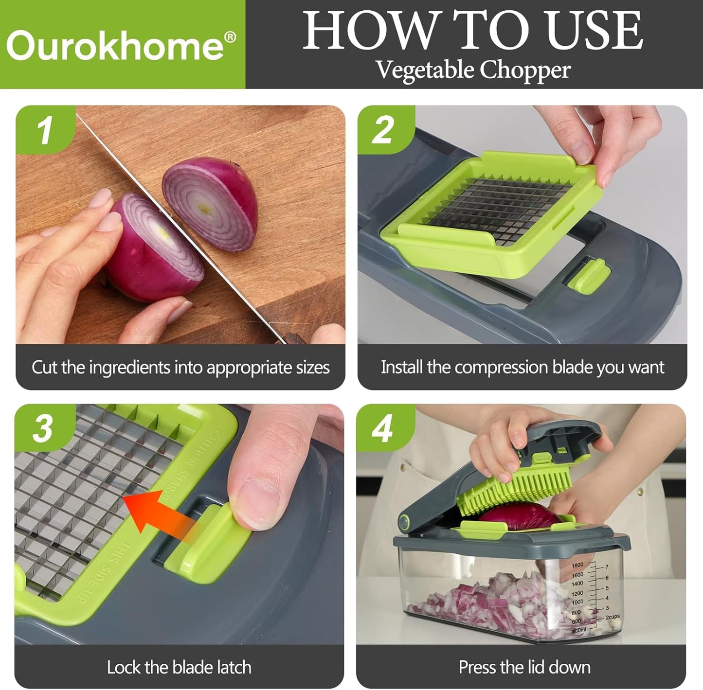 Ourokhome Veggie Chopper and Dicer with Container, Manual Hand Food Mandolin Slicer with 4 in 1 Handheld Vegetable Spiralizer for Zucchini, Potato, Onion, Essential Kitchen Gadgets (12 in 1, Gray)