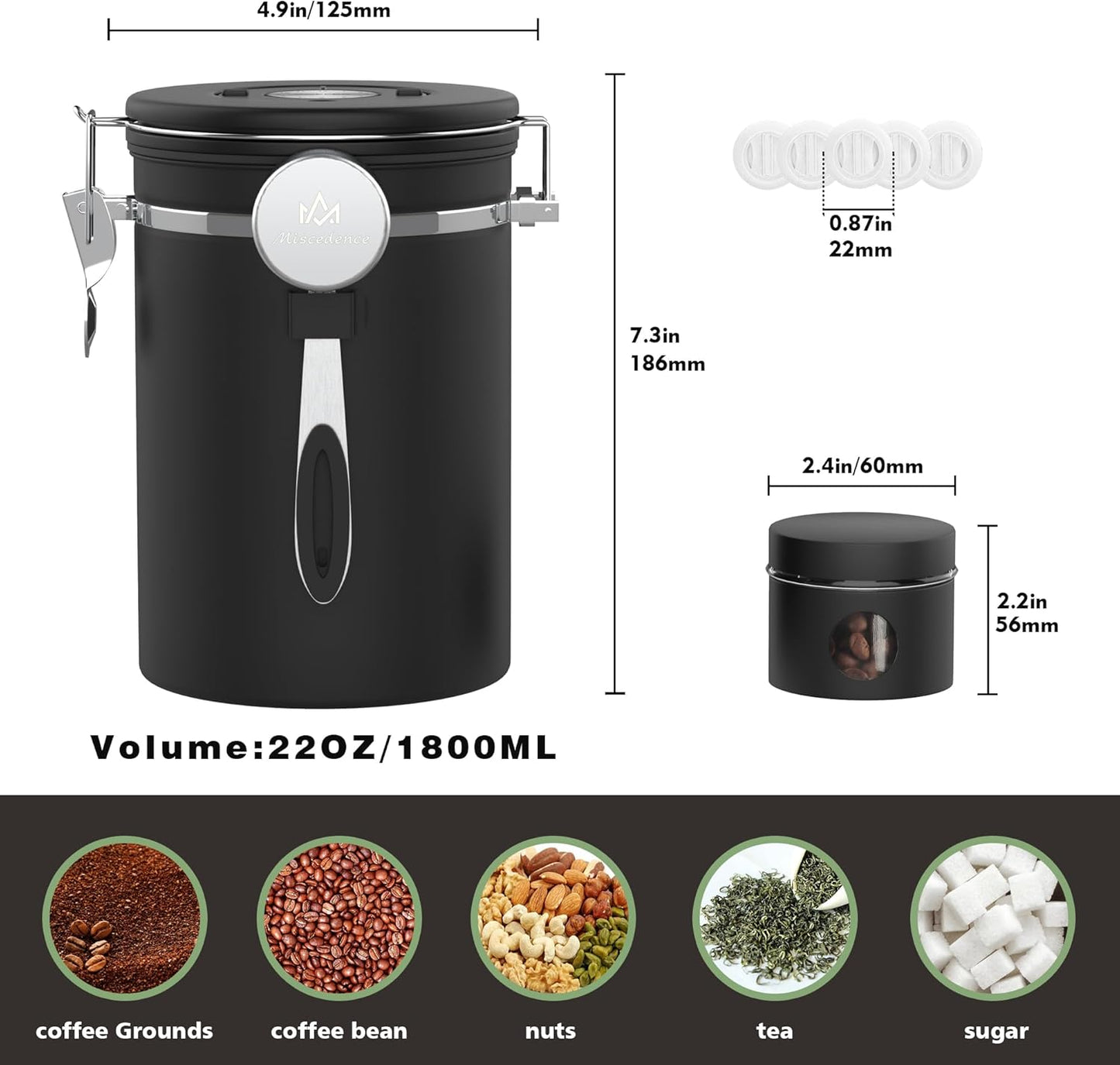 Coffee canister for ground coffee with Scoop Date Tracker One Way Co2 Valve 304 Stainless Steel Kitchen Food Airtight storage container for Coffee Beans,Grounds,Tea,Sugar (Black, 16oz)