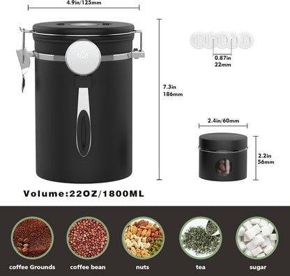 Coffee canister for ground coffee with Scoop Date Tracker One Way Co2 Valve 304 Stainless Steel Kitchen Food Airtight storage container for Coffee Beans,Grounds,Tea,Sugar (Black, 16oz)