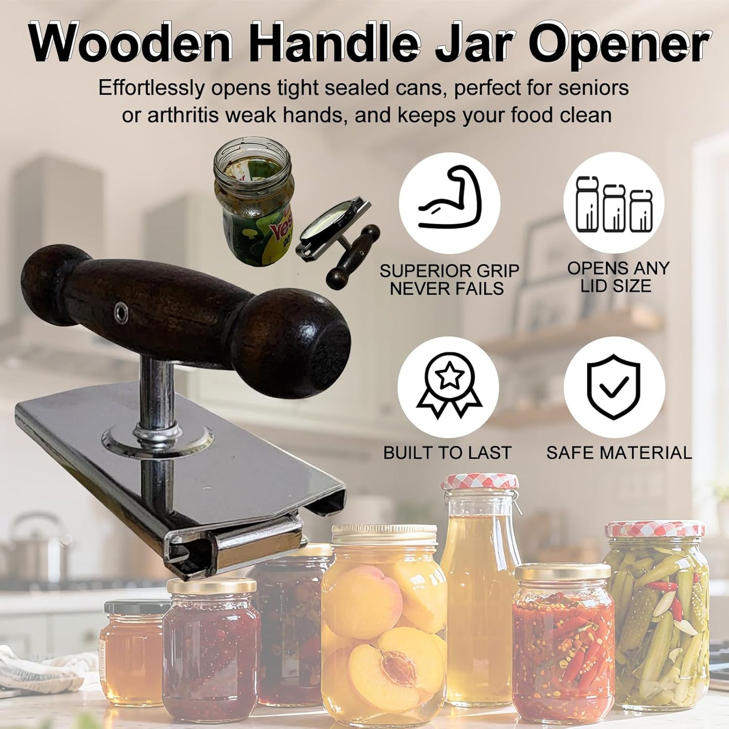Heavy-Duty Cap Crack Jar Opener for Senior & Weak Hand - Strong Grip Oak Wood Handle & 304 Stainless Steel, Adjustable Manual Leverage Lid Remover for 1.5"-4" Jars [Clamp on Lid to Open]